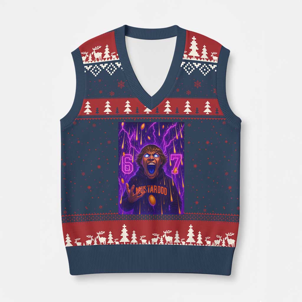 Mason 67 Meme Graphic V-Neck Knit Sweater Vest Glowing Eyes Devil Edit 6 7 Viral Six Seven Scream - Wonder Print Shop