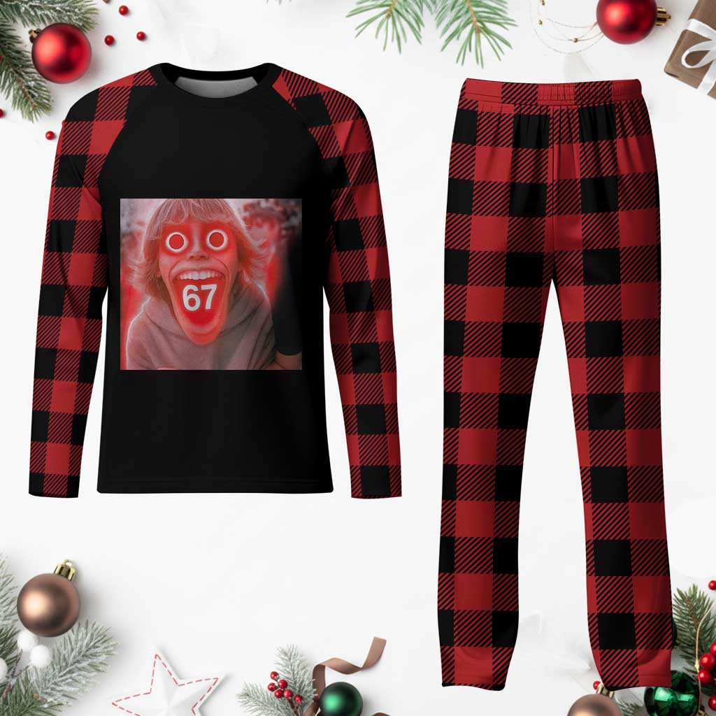 67 Mason Kid Glitchcore Graphic Plaid Pajama Set Screaming Boy Six Seven Viral Meme Devil Edit - Wonder Print Shop
