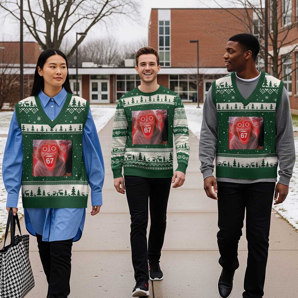 67 Mason Kid Glitchcore Graphic V-Neck Knit Sweater Vest Screaming Boy Six Seven Viral Meme Devil Edit - Wonder Print Shop