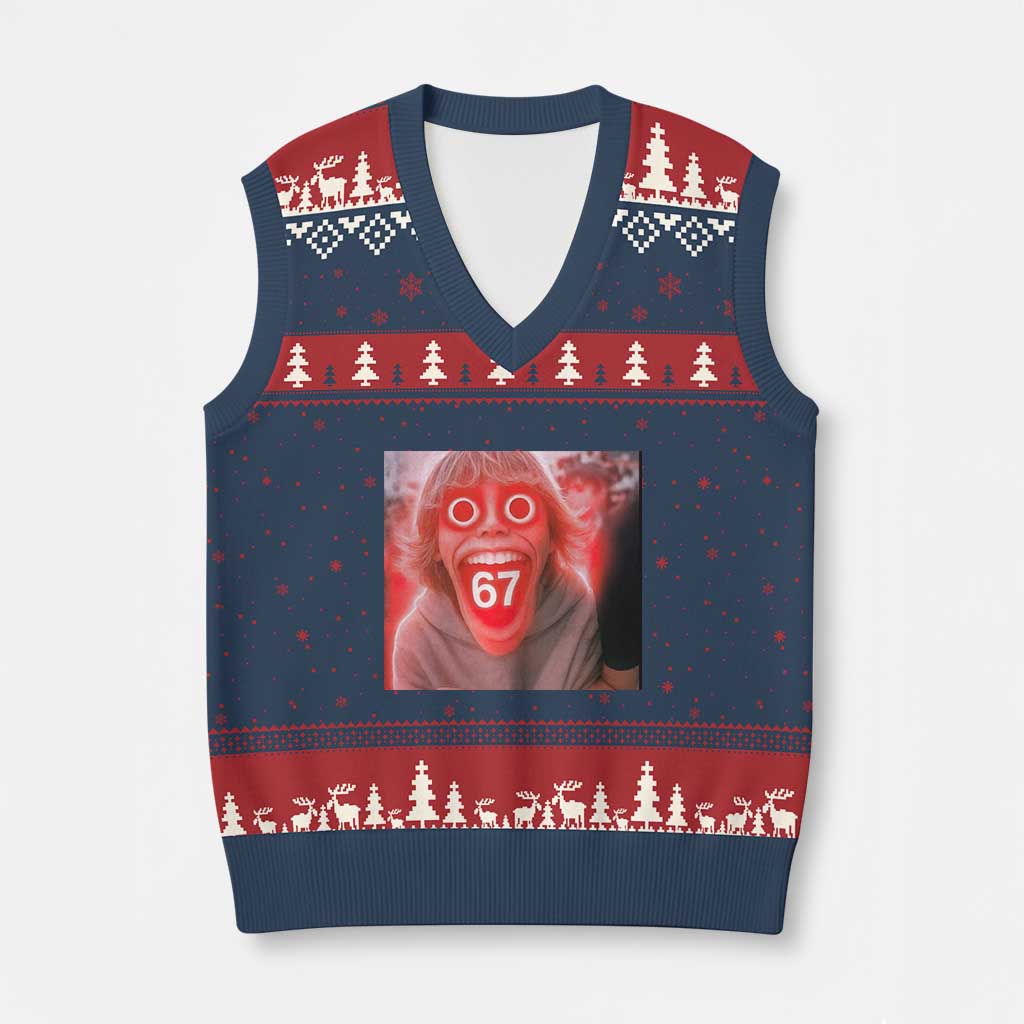 67 Mason Kid Glitchcore Graphic V-Neck Knit Sweater Vest Screaming Boy Six Seven Viral Meme Devil Edit - Wonder Print Shop