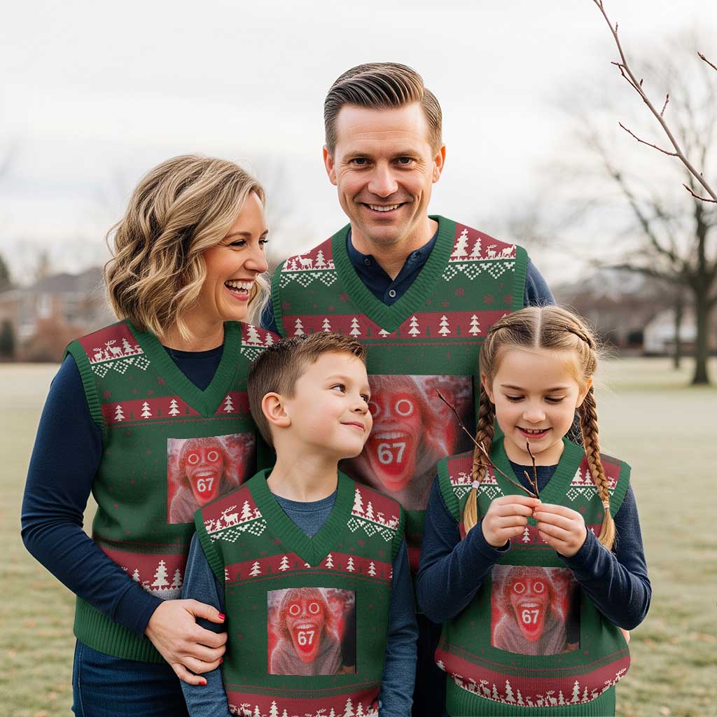 67 Mason Kid Glitchcore Graphic V-Neck Knit Sweater Vest Screaming Boy Six Seven Viral Meme Devil Edit - Wonder Print Shop