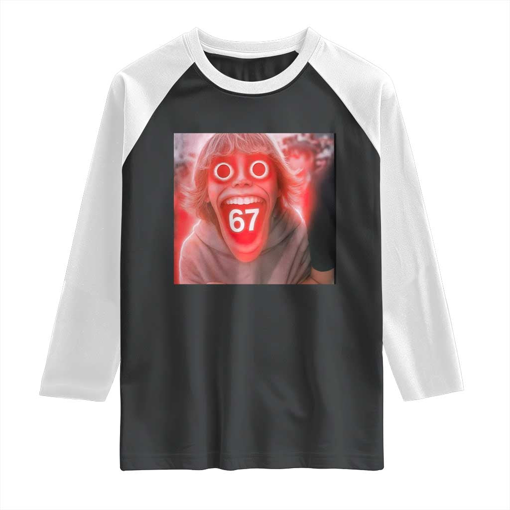 67 Mason Kid Glitchcore Graphic Raglan Shirt Screaming Boy Six Seven Viral Meme Devil Edit - Wonder Print Shop