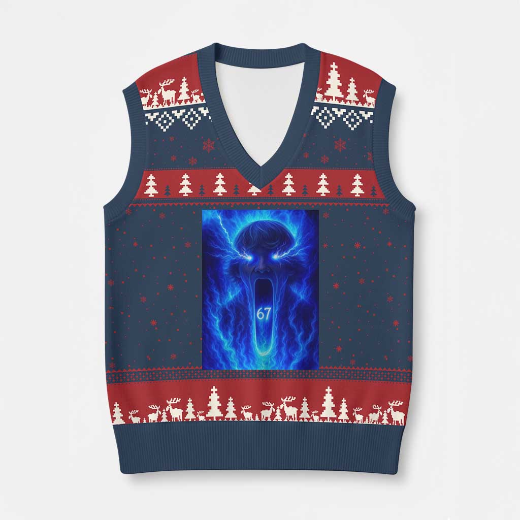 Six Seven Energy Overload Graphic V-Neck Knit Sweater Vest 67 Mason Kid Analog Horror Meme - Wonder Print Shop