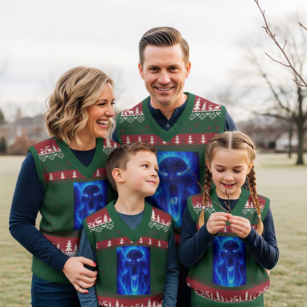 Six Seven Energy Overload Graphic V-Neck Knit Sweater Vest 67 Mason Kid Analog Horror Meme - Wonder Print Shop