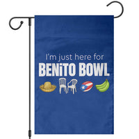 I'm Just Here for the Benito Bowl Funny Puerto Rican Game Day Garden Flag Plantains Chairs and Flag Music Fans