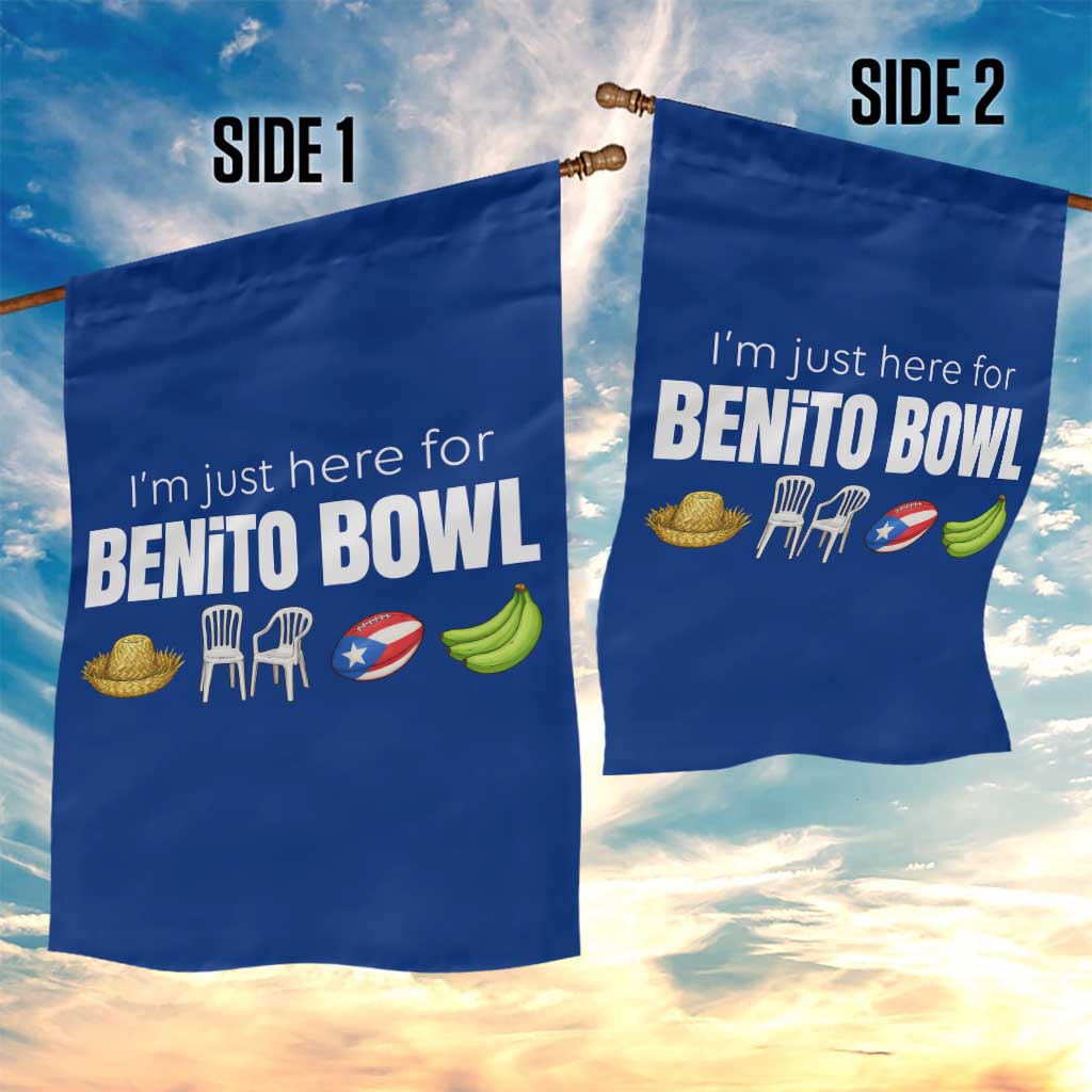 I'm Just Here for the Benito Bowl Funny Puerto Rican Game Day Garden Flag Plantains Chairs and Flag Music Fans