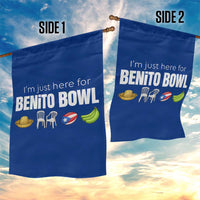 I'm Just Here for the Benito Bowl Funny Puerto Rican Game Day Garden Flag Plantains Chairs and Flag Music Fans