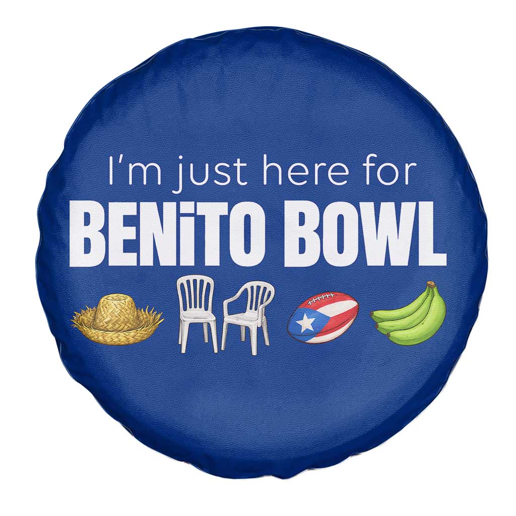 I'm Just Here for the Benito Bowl Funny Puerto Rican Game Day Spare Tire Cover Plantains Chairs and Flag Music Fans