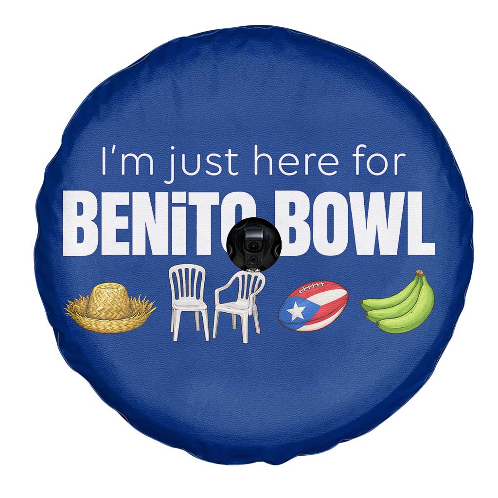 I'm Just Here for the Benito Bowl Funny Puerto Rican Game Day Spare Tire Cover Plantains Chairs and Flag Music Fans