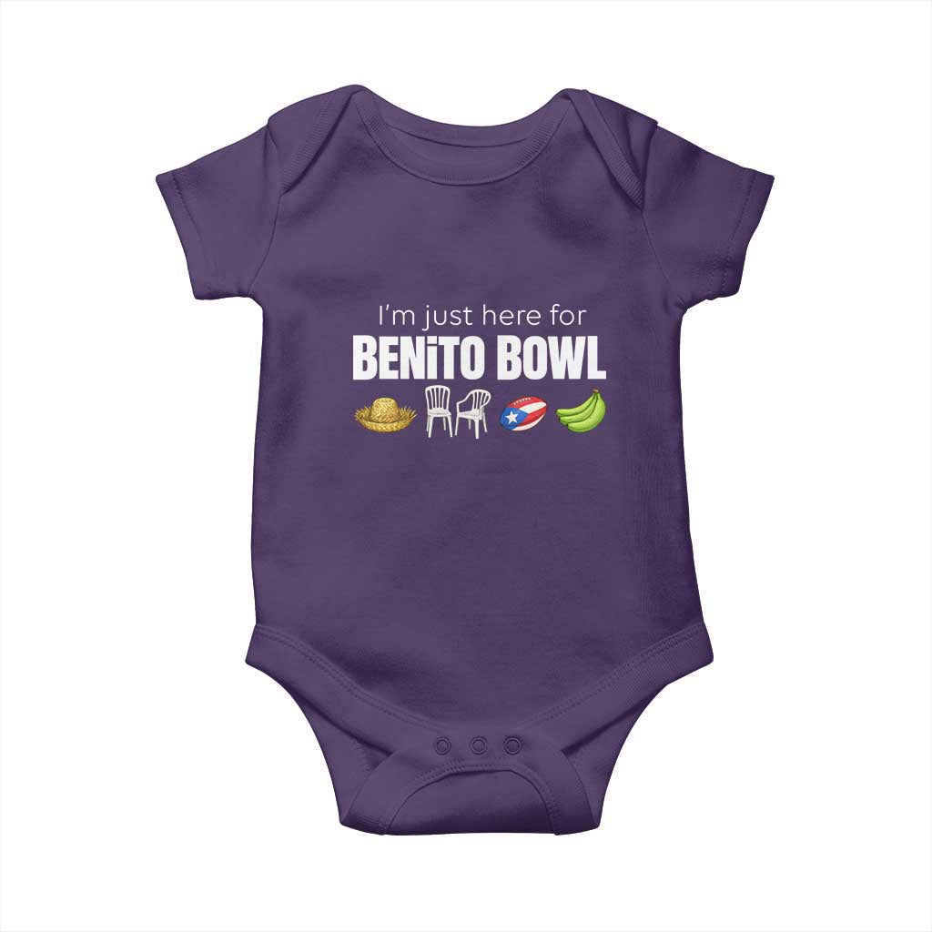 I'm Just Here for the Benito Bowl Funny Puerto Rican Game Day Baby Onesie Plantains Chairs and Flag Music Fans