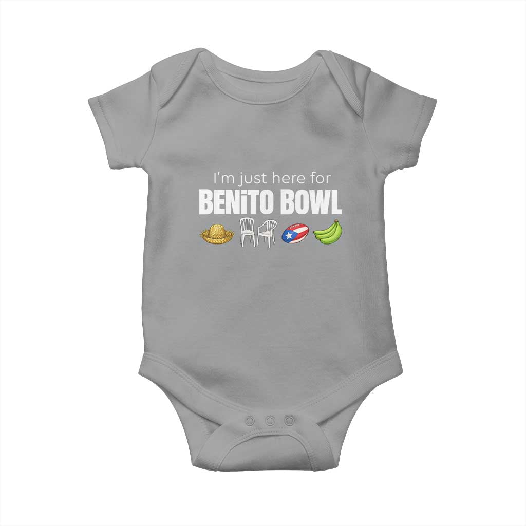 I'm Just Here for the Benito Bowl Funny Puerto Rican Game Day Baby Onesie Plantains Chairs and Flag Music Fans