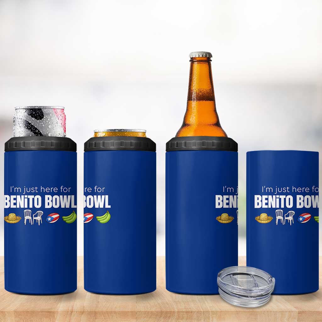 I'm Just Here for the Benito Bowl Funny Puerto Rican Game Day 4 in 1 Can Cooler Tumbler Plantains Chairs and Flag Music Fans