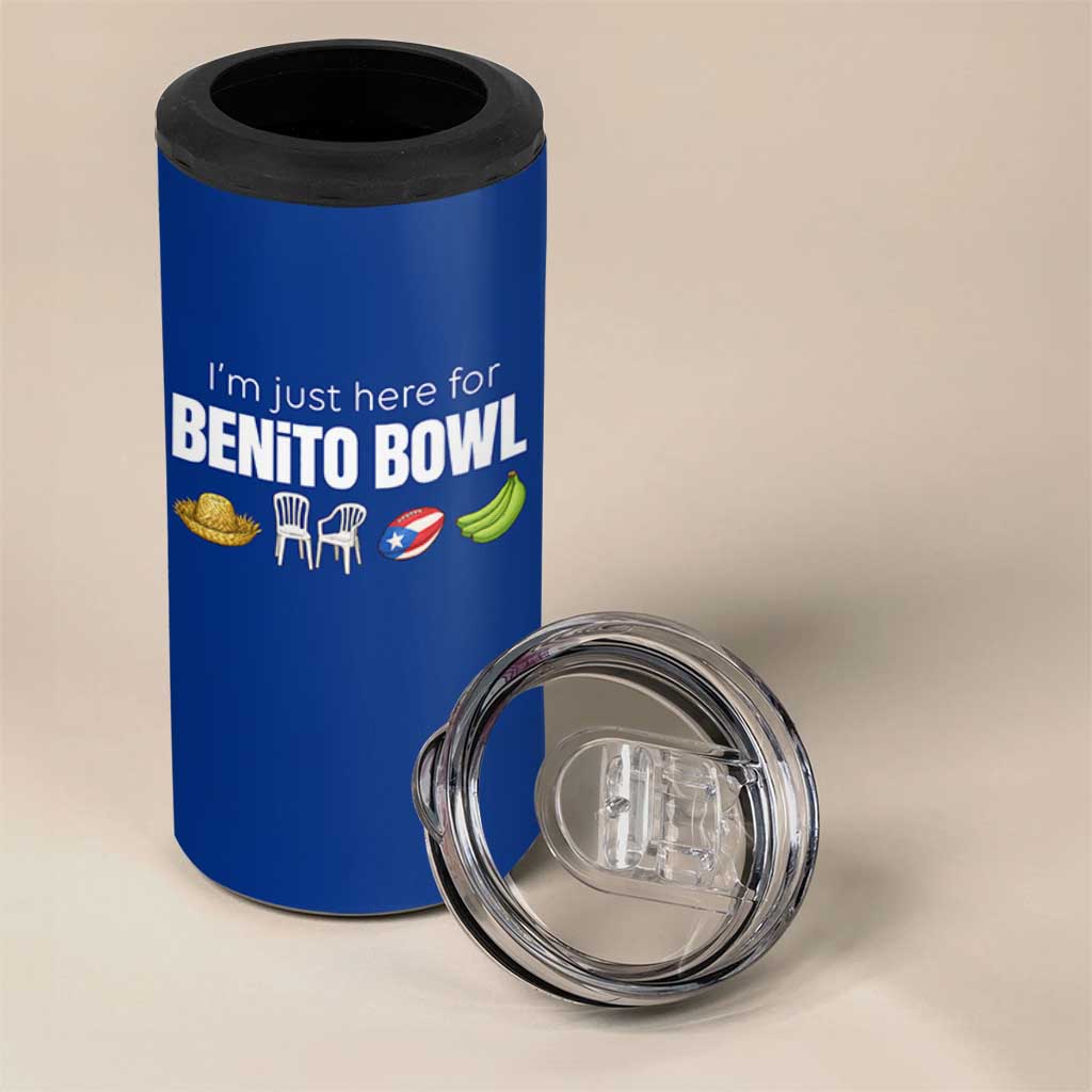 I'm Just Here for the Benito Bowl Funny Puerto Rican Game Day 4 in 1 Can Cooler Tumbler Plantains Chairs and Flag Music Fans