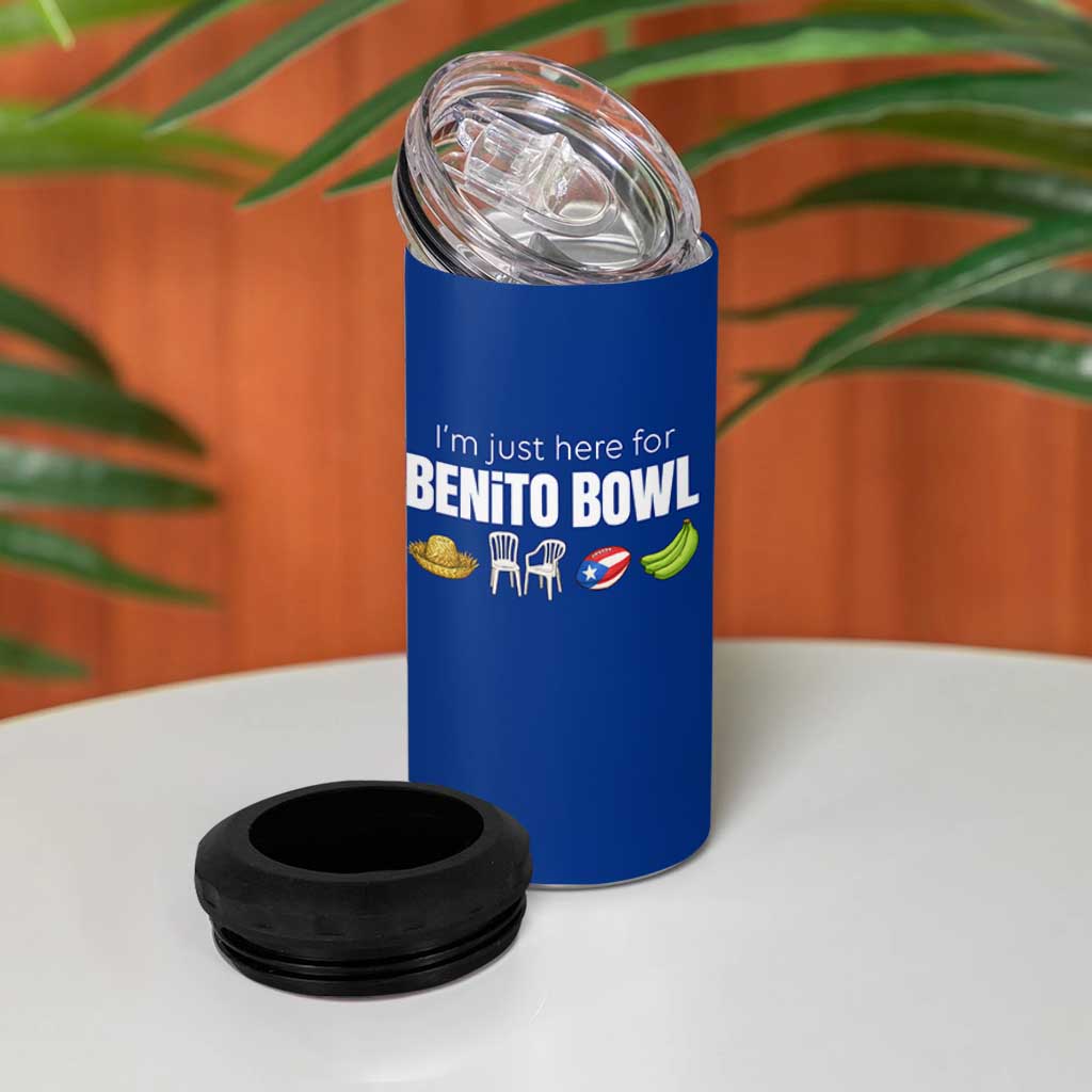 I'm Just Here for the Benito Bowl Funny Puerto Rican Game Day 4 in 1 Can Cooler Tumbler Plantains Chairs and Flag Music Fans