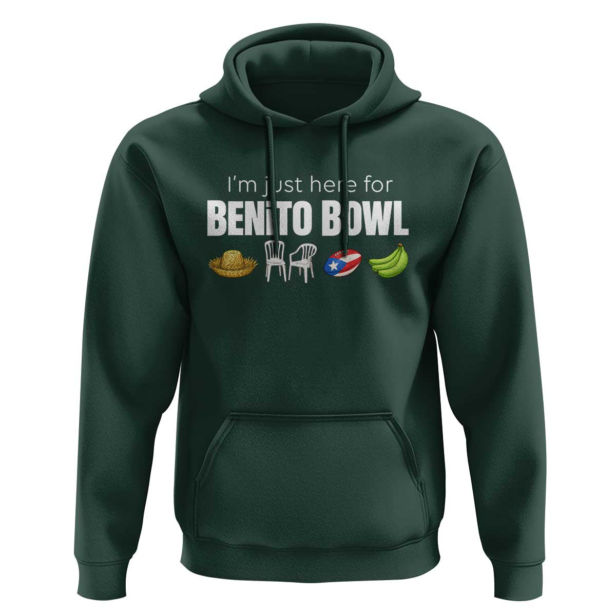 I'm Just Here for the Benito Bowl Funny Puerto Rican Game Day Hoodie Plantains Chairs and Flag Music Fans