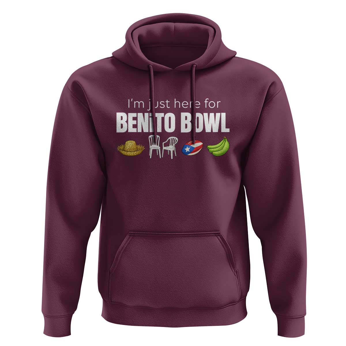 I'm Just Here for the Benito Bowl Funny Puerto Rican Game Day Hoodie Plantains Chairs and Flag Music Fans