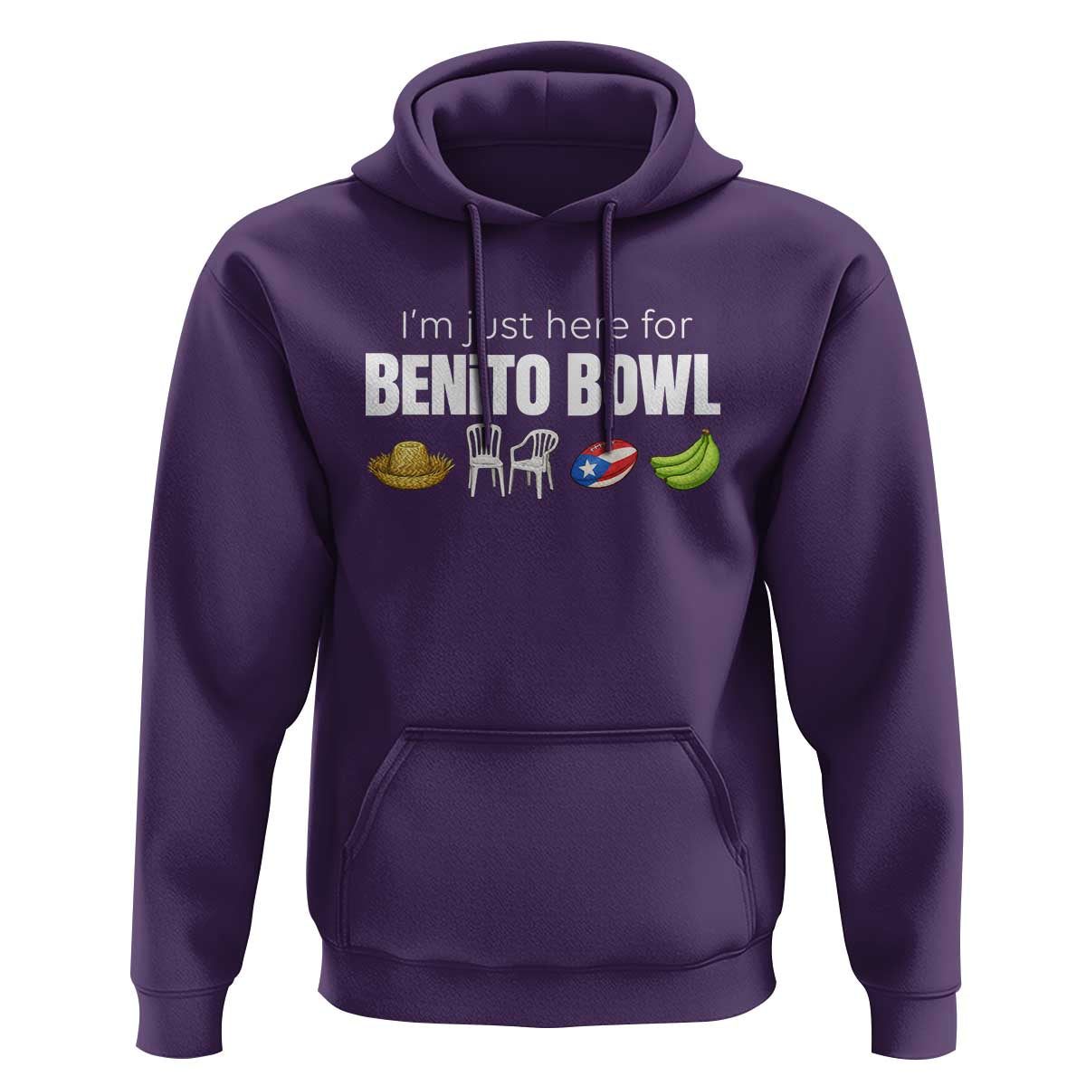 I'm Just Here for the Benito Bowl Funny Puerto Rican Game Day Hoodie Plantains Chairs and Flag Music Fans