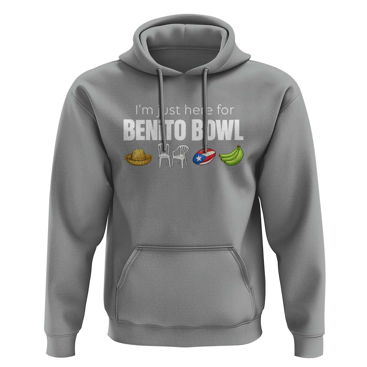 I'm Just Here for the Benito Bowl Funny Puerto Rican Game Day Hoodie Plantains Chairs and Flag Music Fans