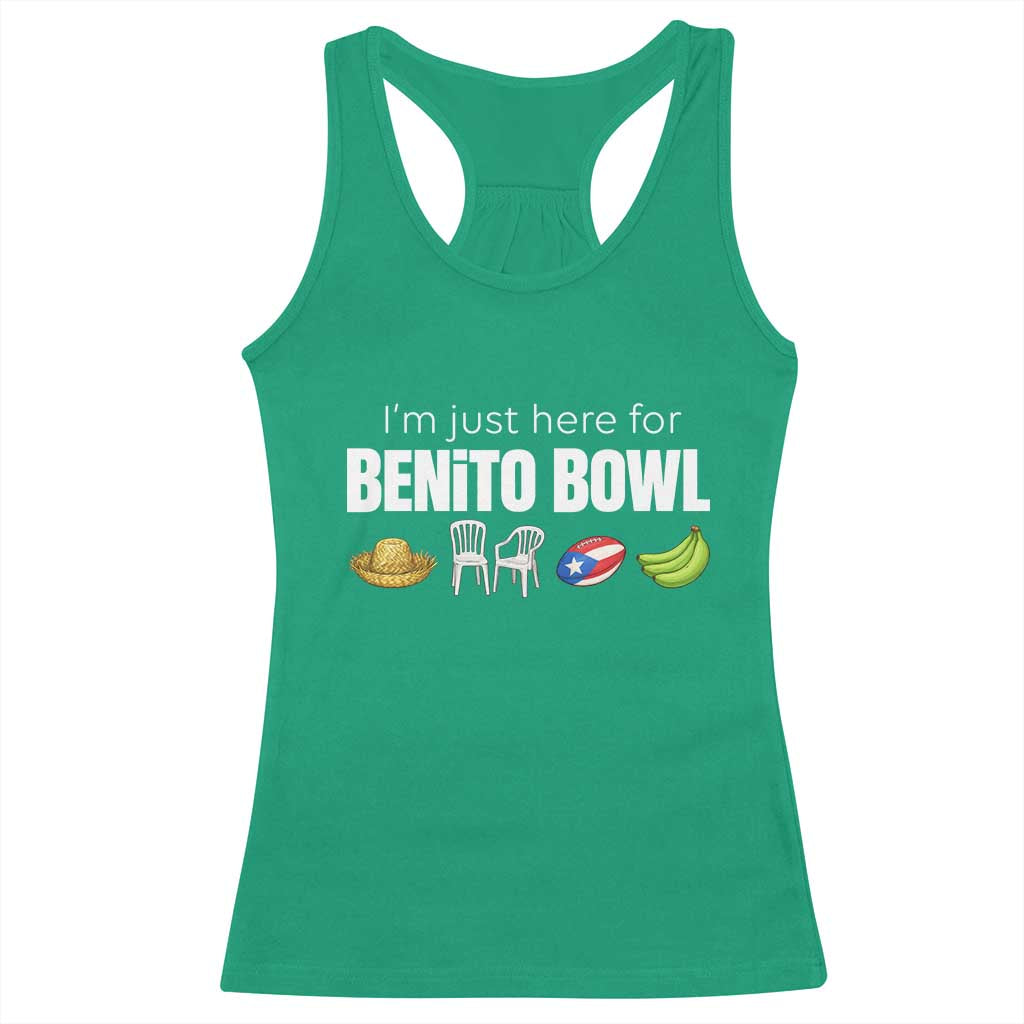 I'm Just Here for the Benito Bowl Funny Puerto Rican Game Day Racerback Tank Top Plantains Chairs and Flag Music Fans