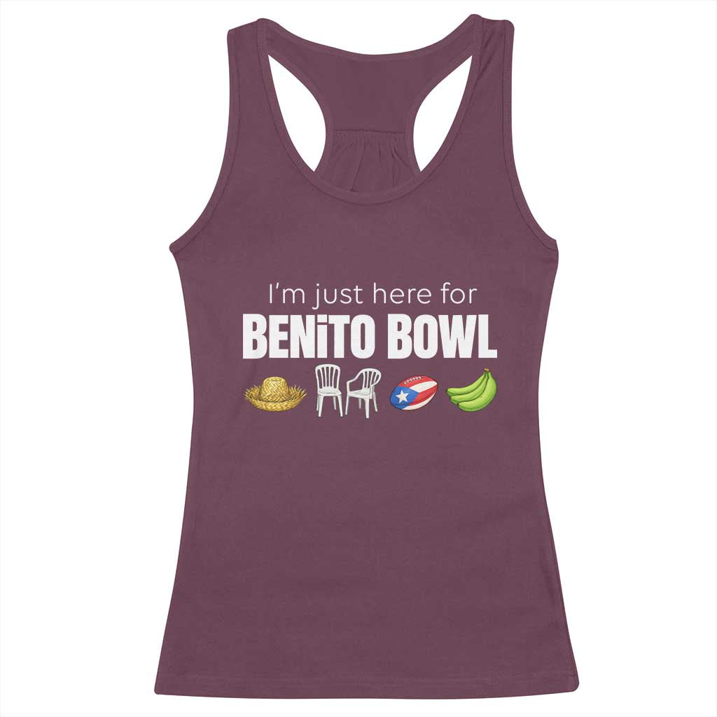 I'm Just Here for the Benito Bowl Funny Puerto Rican Game Day Racerback Tank Top Plantains Chairs and Flag Music Fans