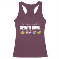 I'm Just Here for the Benito Bowl Funny Puerto Rican Game Day Racerback Tank Top Plantains Chairs and Flag Music Fans