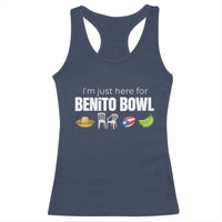 I'm Just Here for the Benito Bowl Funny Puerto Rican Game Day Racerback Tank Top Plantains Chairs and Flag Music Fans