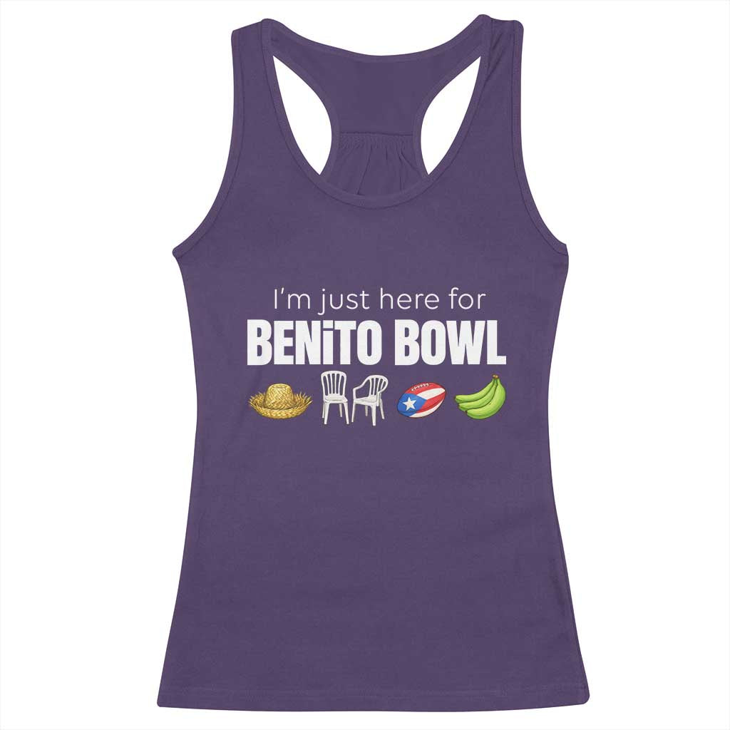 I'm Just Here for the Benito Bowl Funny Puerto Rican Game Day Racerback Tank Top Plantains Chairs and Flag Music Fans