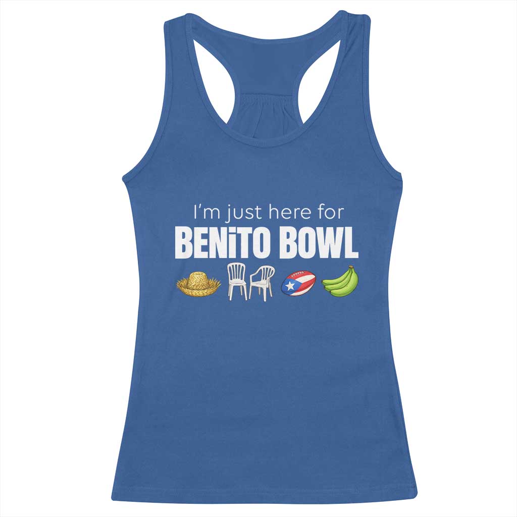 I'm Just Here for the Benito Bowl Funny Puerto Rican Game Day Racerback Tank Top Plantains Chairs and Flag Music Fans