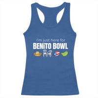 I'm Just Here for the Benito Bowl Funny Puerto Rican Game Day Racerback Tank Top Plantains Chairs and Flag Music Fans