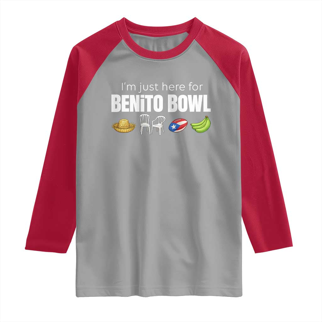 I'm Just Here for the Benito Bowl Funny Puerto Rican Game Day Raglan Shirt Plantains Chairs and Flag Music Fans