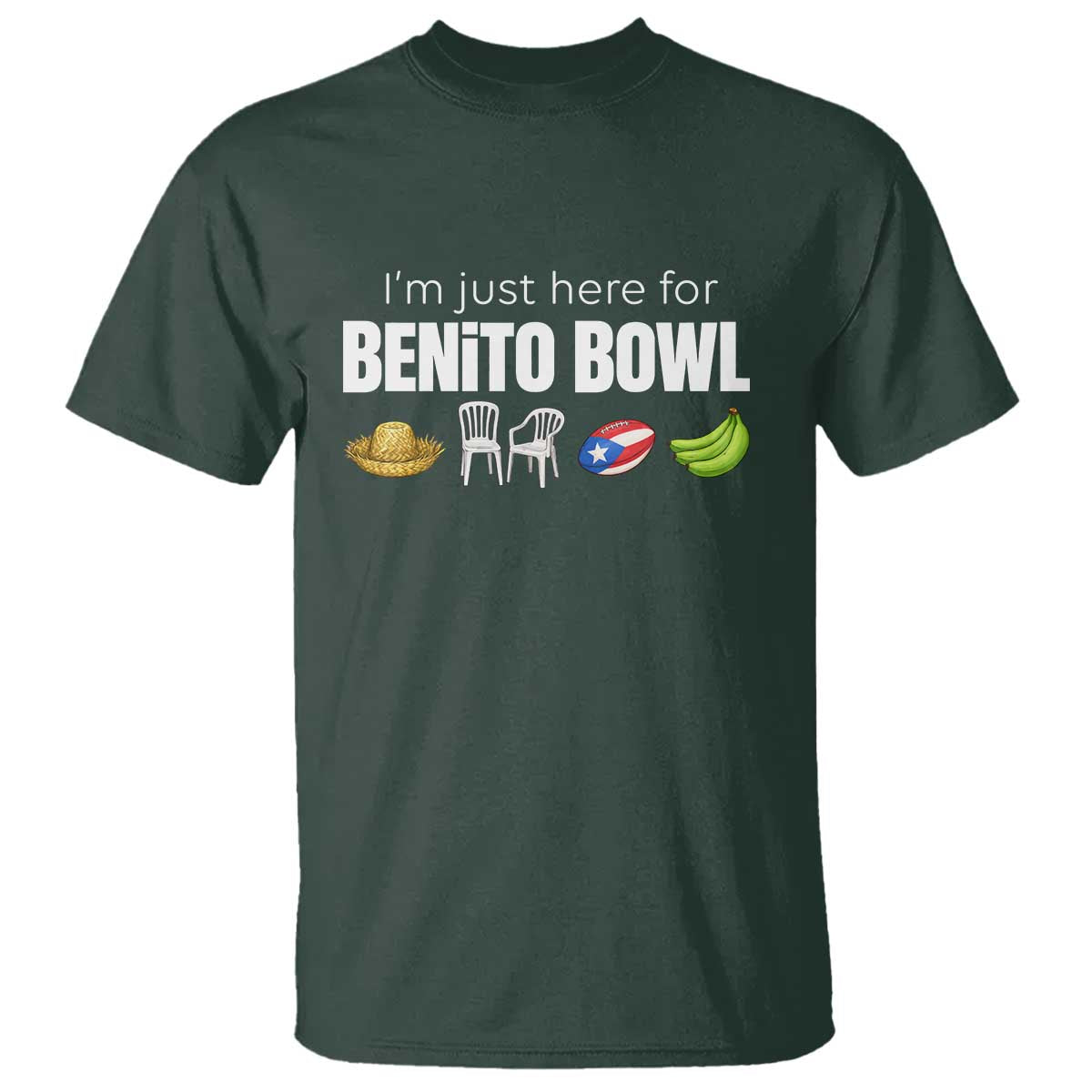 I'm Just Here for the Benito Bowl Funny Puerto Rican Game Day T Shirt Plantains Chairs and Flag Music Fans