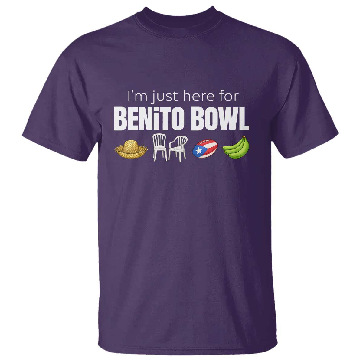 I'm Just Here for the Benito Bowl Funny Puerto Rican Game Day T Shirt Plantains Chairs and Flag Music Fans