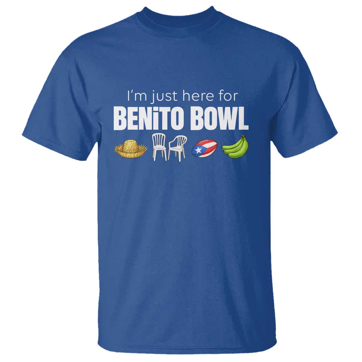 I'm Just Here for the Benito Bowl Funny Puerto Rican Game Day T Shirt Plantains Chairs and Flag Music Fans