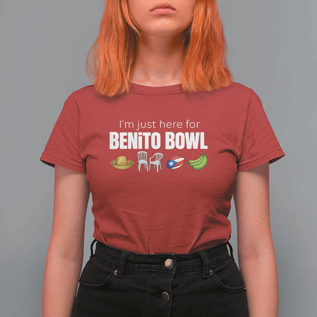 I'm Just Here for the Benito Bowl Funny Puerto Rican Game Day T Shirt For Women Plantains Chairs and Flag Music Fans