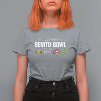 I'm Just Here for the Benito Bowl Funny Puerto Rican Game Day T Shirt For Women Plantains Chairs and Flag Music Fans