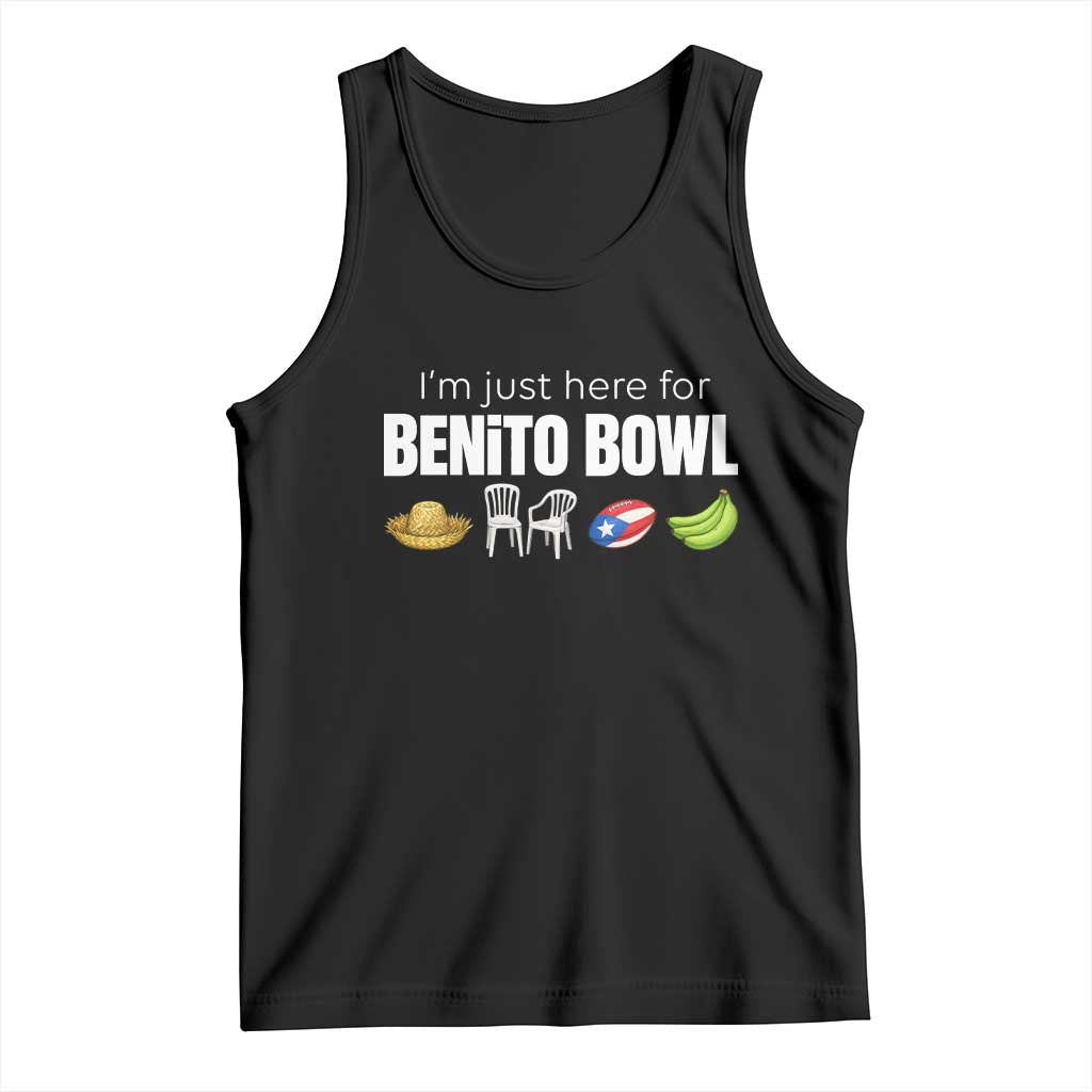 I'm Just Here for the Benito Bowl Funny Puerto Rican Game Day Tank Top Plantains Chairs and Flag Music Fans