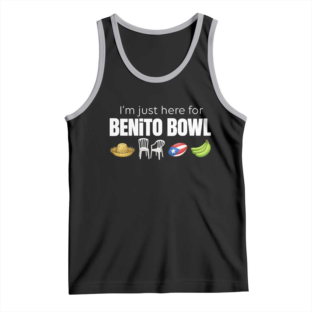 I'm Just Here for the Benito Bowl Funny Puerto Rican Game Day Tank Top Plantains Chairs and Flag Music Fans
