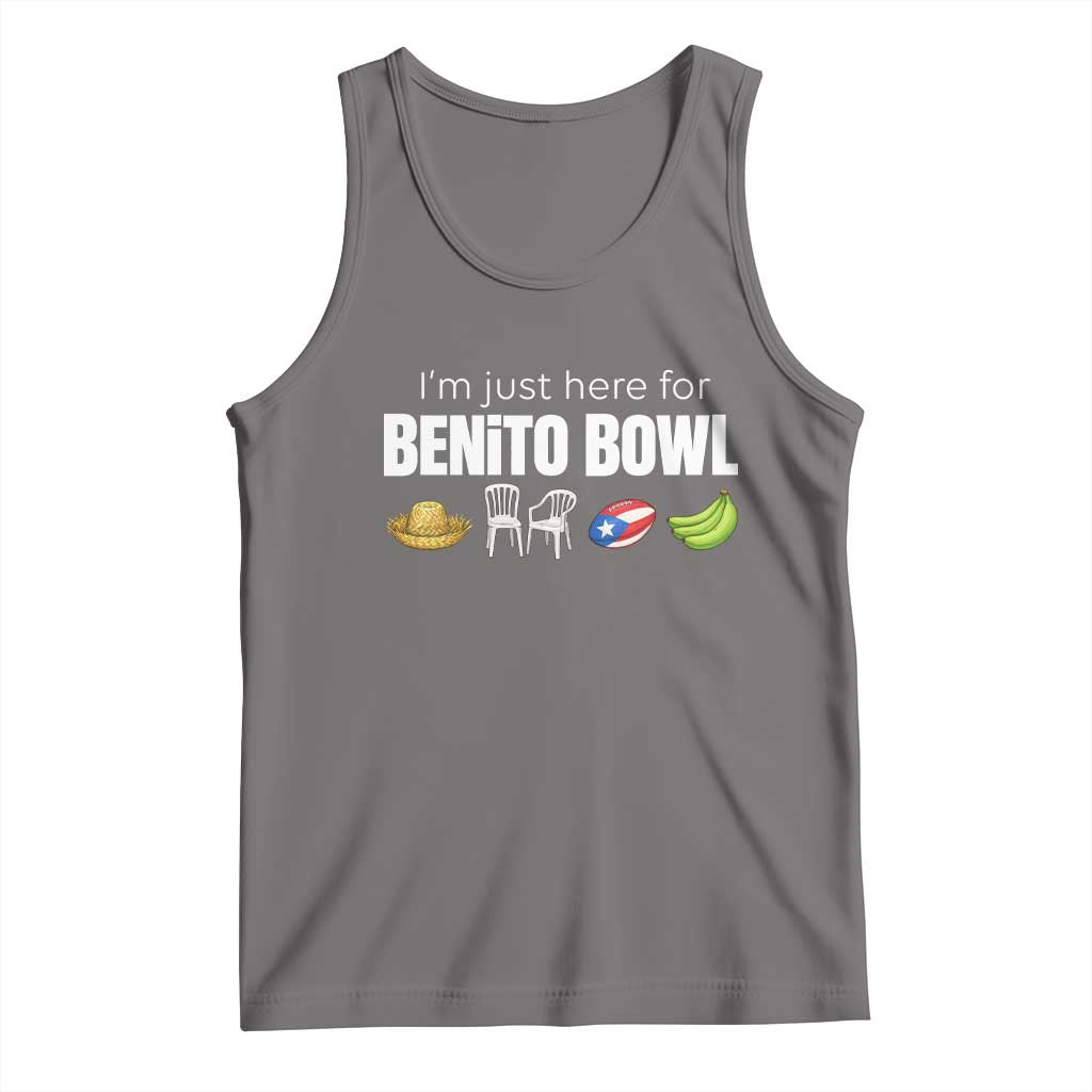 I'm Just Here for the Benito Bowl Funny Puerto Rican Game Day Tank Top Plantains Chairs and Flag Music Fans