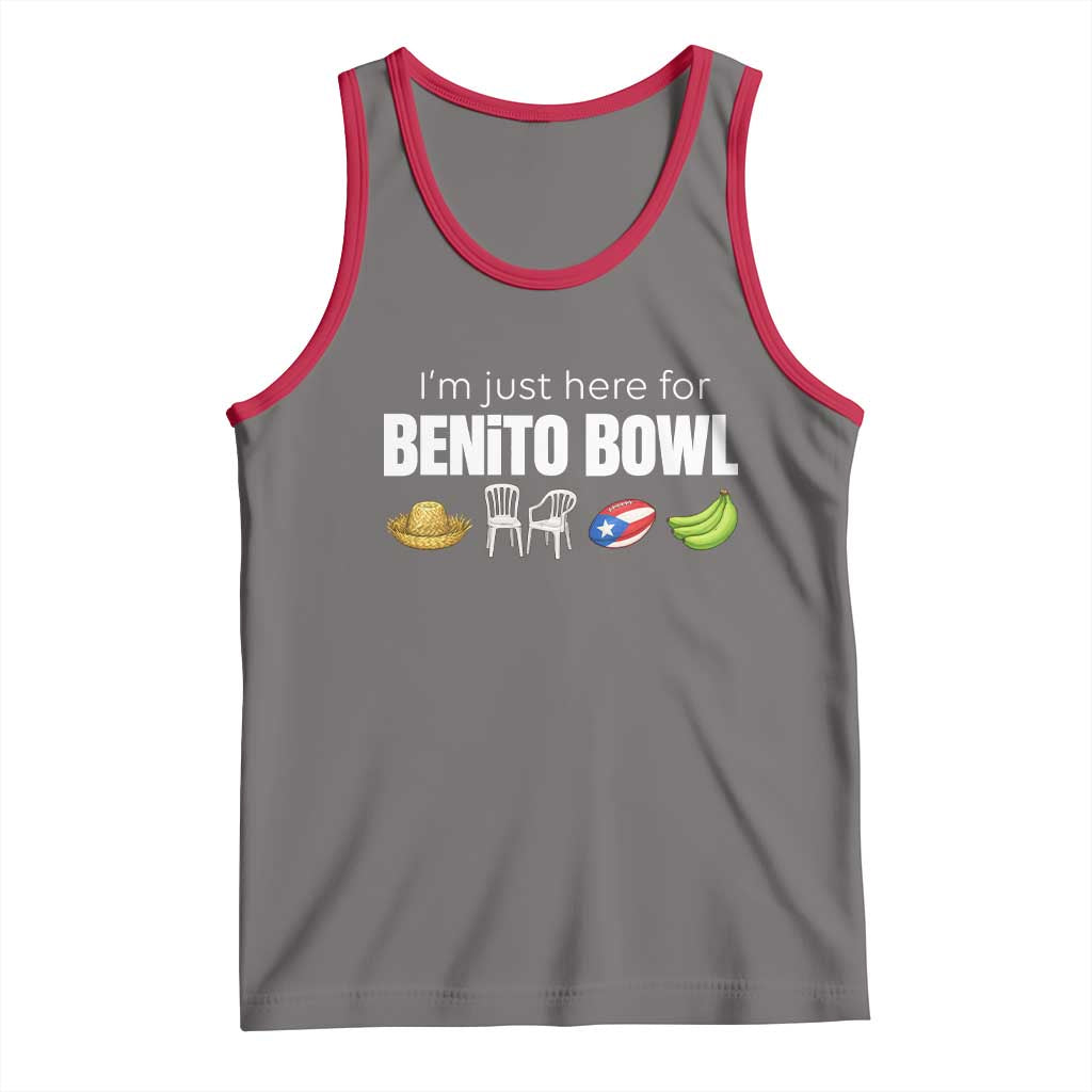 I'm Just Here for the Benito Bowl Funny Puerto Rican Game Day Tank Top Plantains Chairs and Flag Music Fans