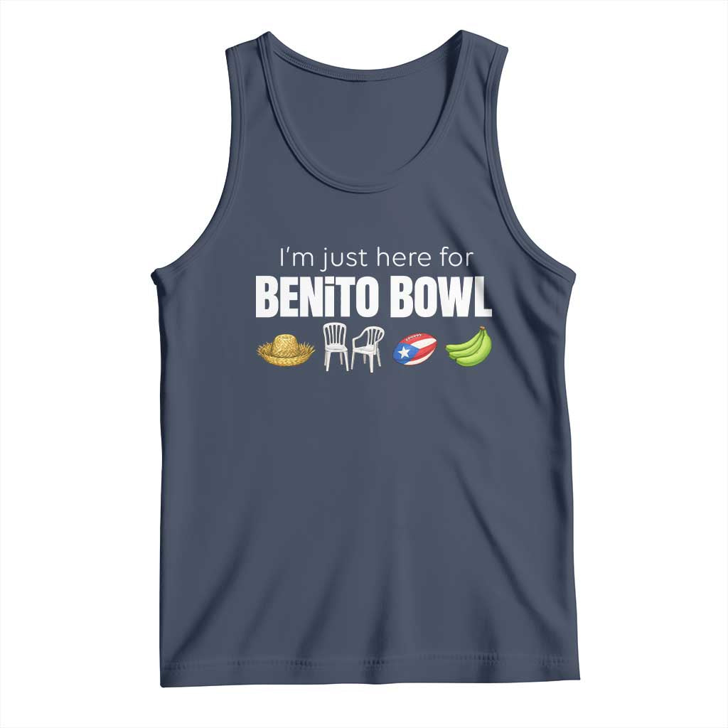 I'm Just Here for the Benito Bowl Funny Puerto Rican Game Day Tank Top Plantains Chairs and Flag Music Fans