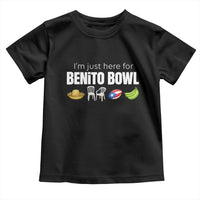 I'm Just Here for the Benito Bowl Funny Puerto Rican Game Day Toddler T Shirt Plantains Chairs and Flag Music Fans