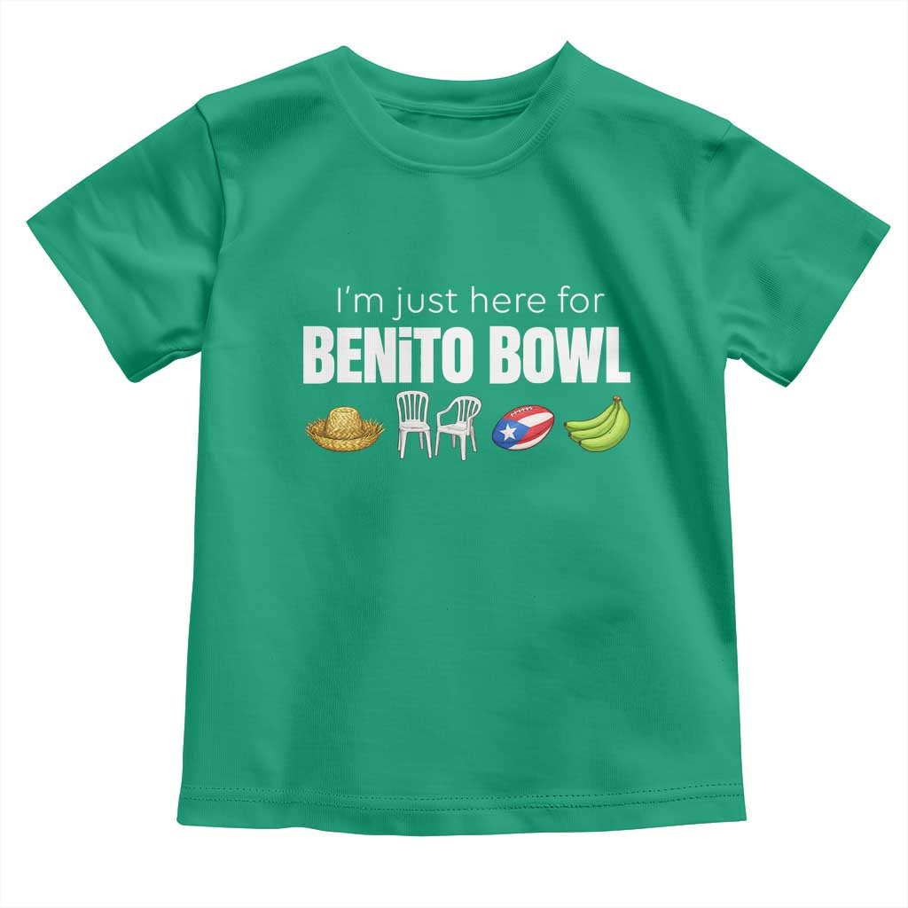 I'm Just Here for the Benito Bowl Funny Puerto Rican Game Day Toddler T Shirt Plantains Chairs and Flag Music Fans