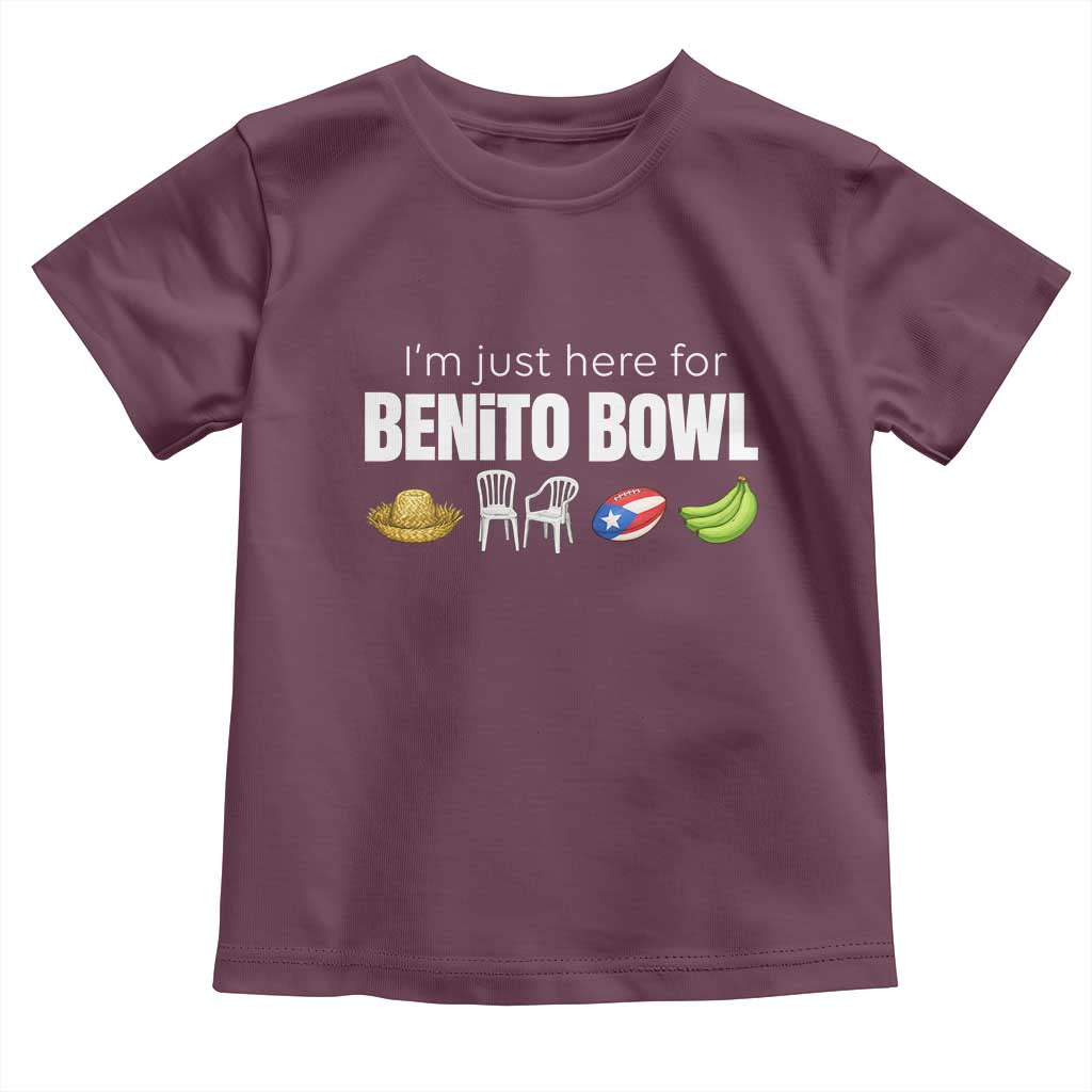 I'm Just Here for the Benito Bowl Funny Puerto Rican Game Day Toddler T Shirt Plantains Chairs and Flag Music Fans