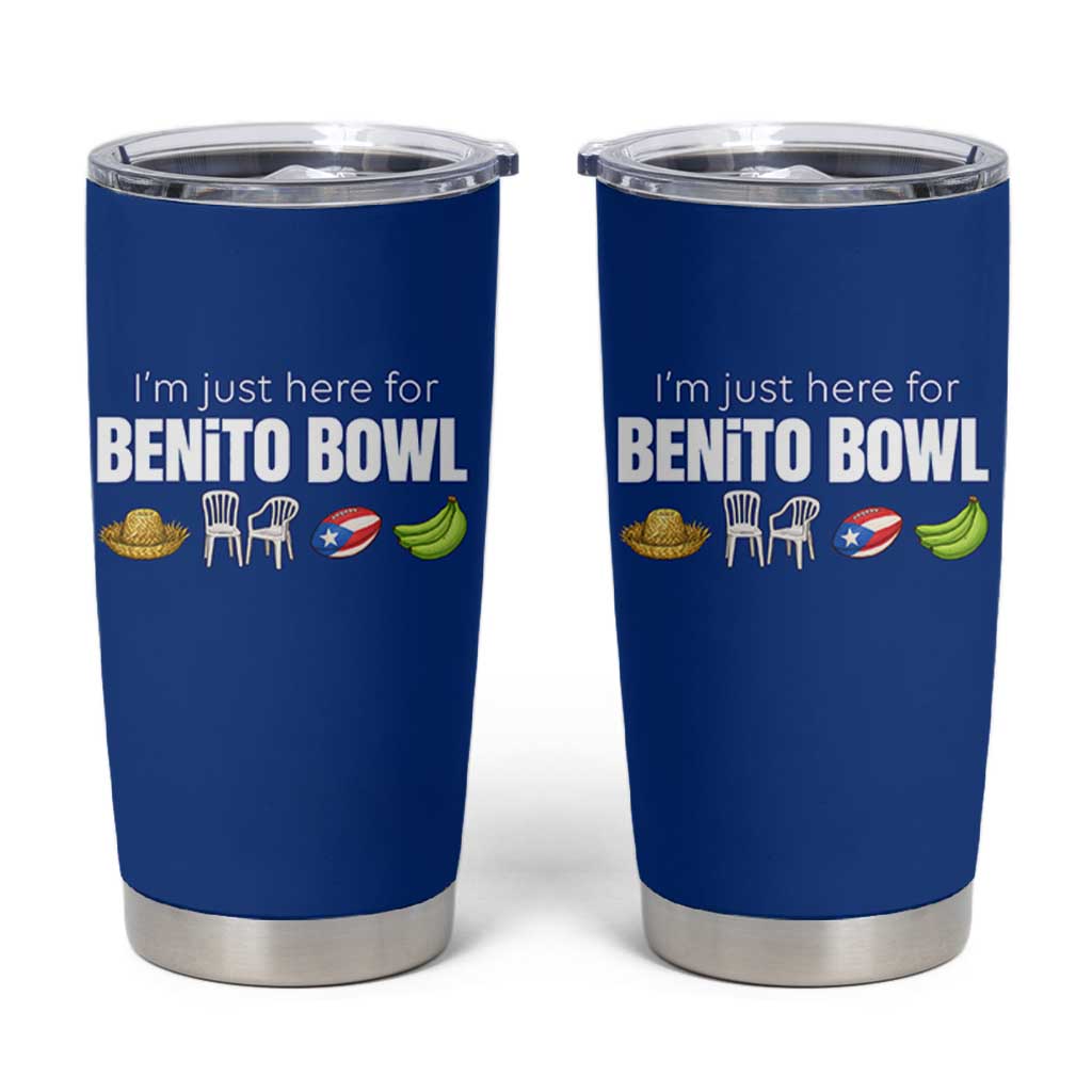 I'm Just Here for the Benito Bowl Funny Puerto Rican Game Day Tumbler Cup Plantains Chairs and Flag Music Fans