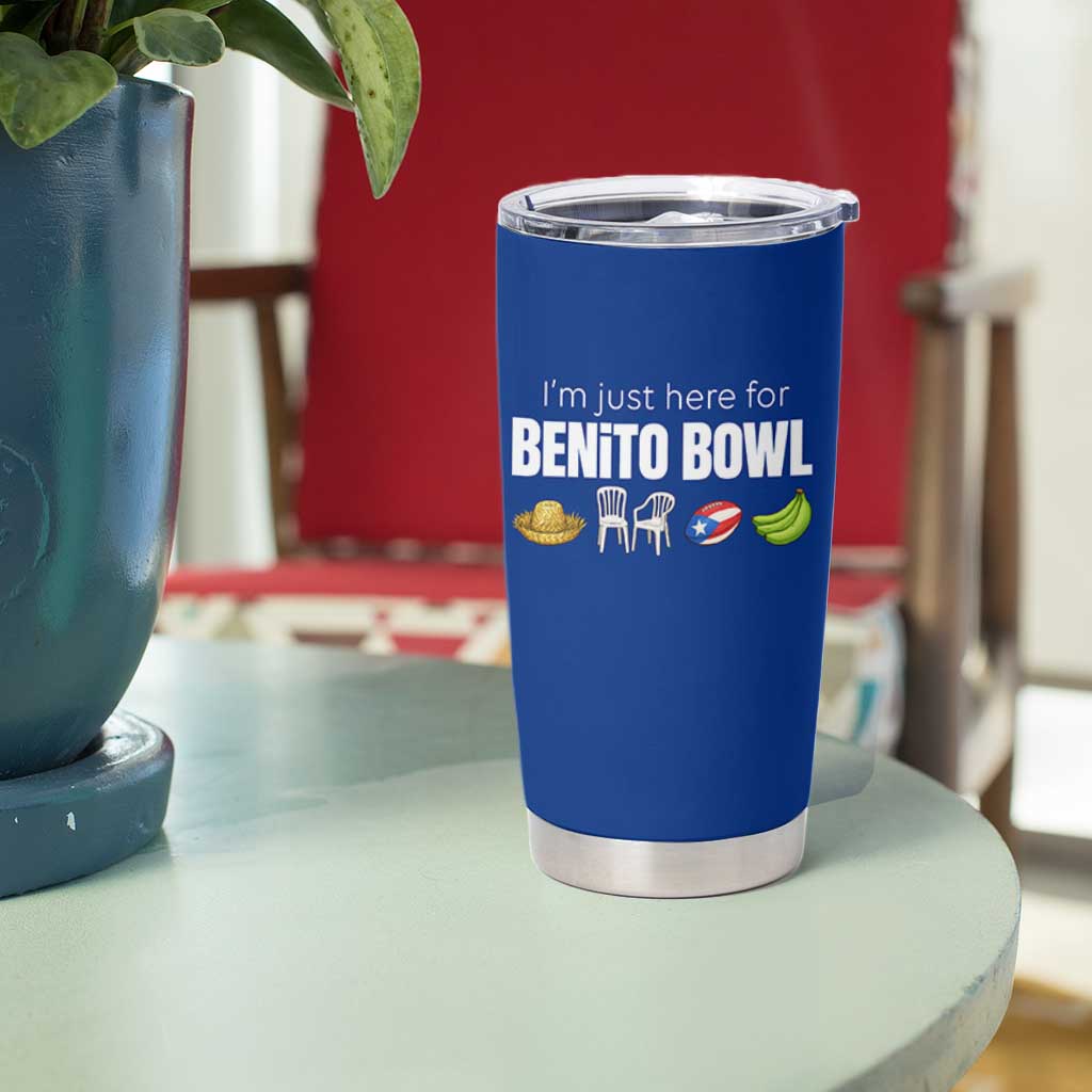 I'm Just Here for the Benito Bowl Funny Puerto Rican Game Day Tumbler Cup Plantains Chairs and Flag Music Fans