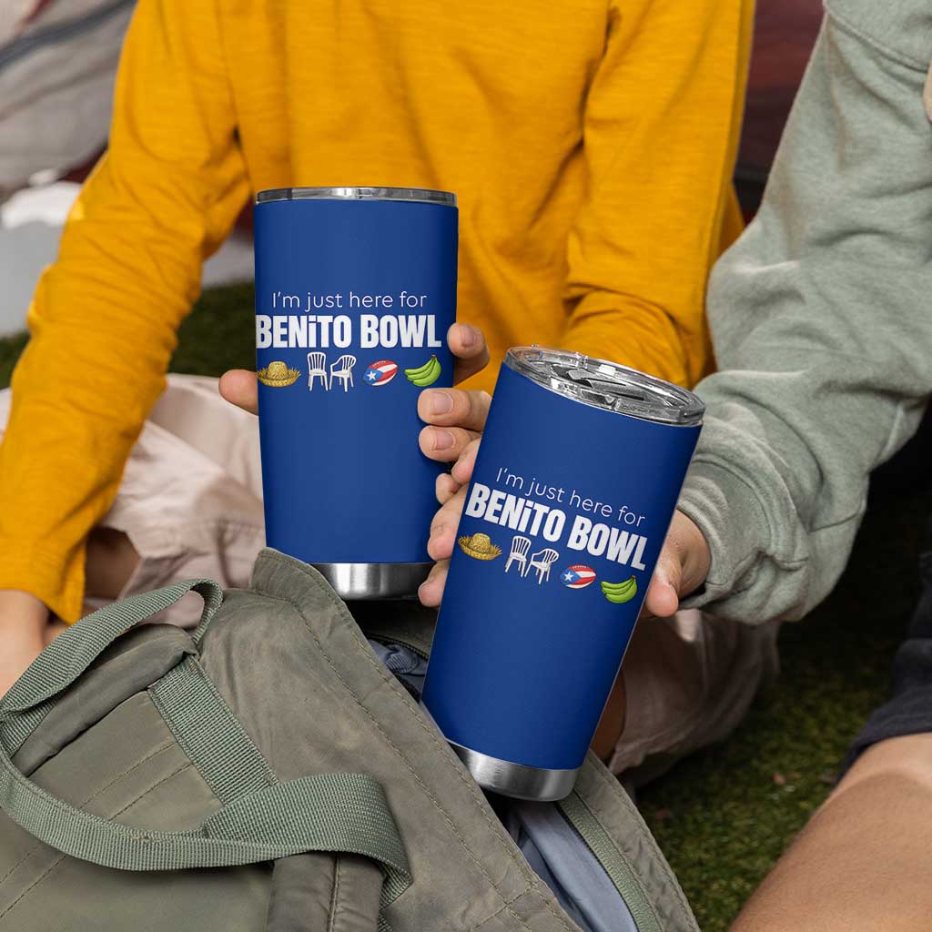 I'm Just Here for the Benito Bowl Funny Puerto Rican Game Day Tumbler Cup Plantains Chairs and Flag Music Fans