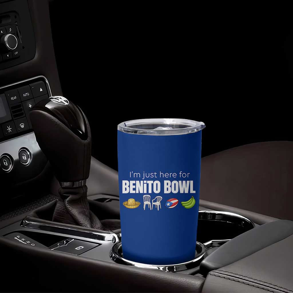 I'm Just Here for the Benito Bowl Funny Puerto Rican Game Day Tumbler Cup Plantains Chairs and Flag Music Fans