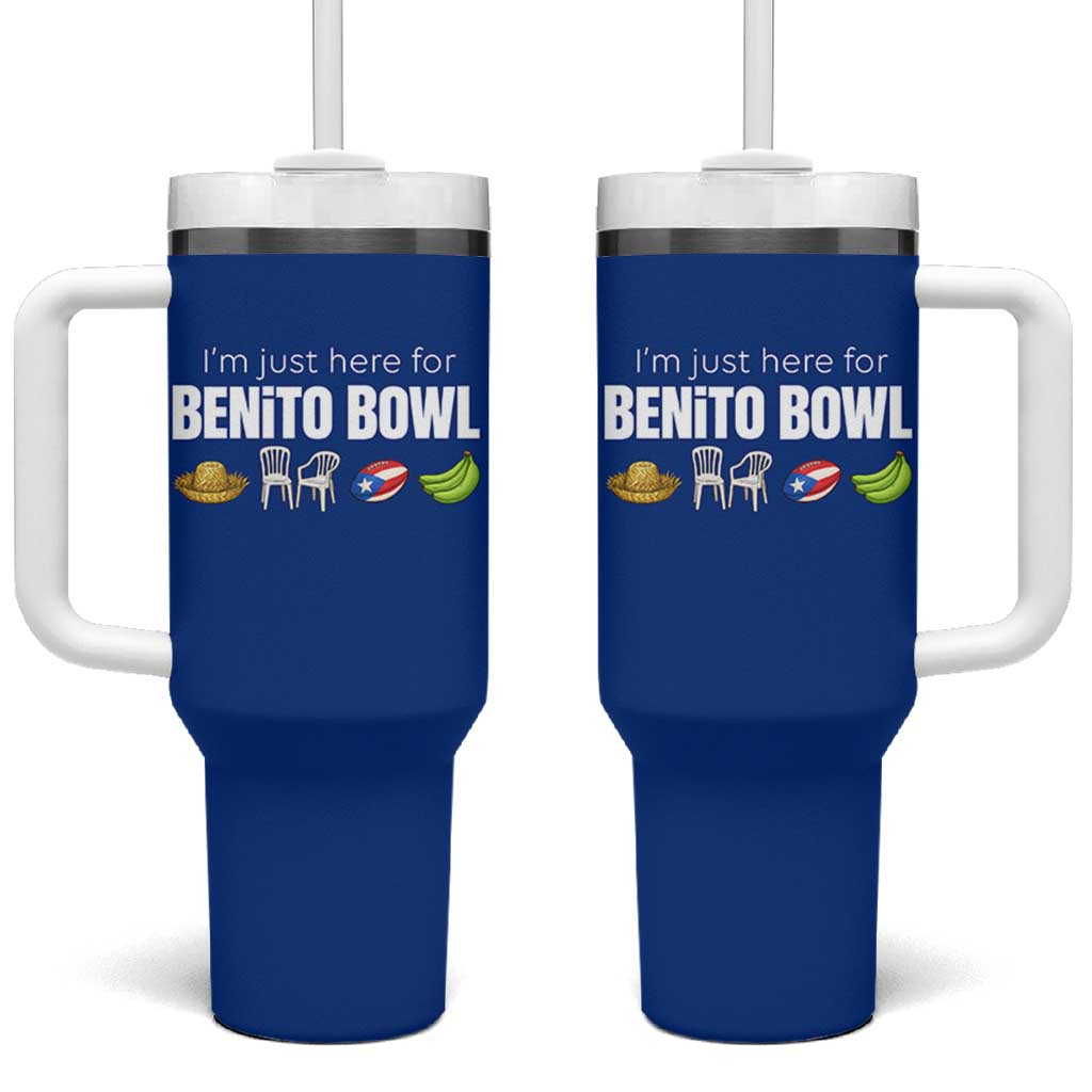 I'm Just Here for the Benito Bowl Funny Puerto Rican Game Day Tumbler With Handle Plantains Chairs and Flag Music Fans