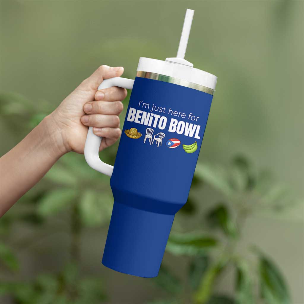 I'm Just Here for the Benito Bowl Funny Puerto Rican Game Day Tumbler With Handle Plantains Chairs and Flag Music Fans
