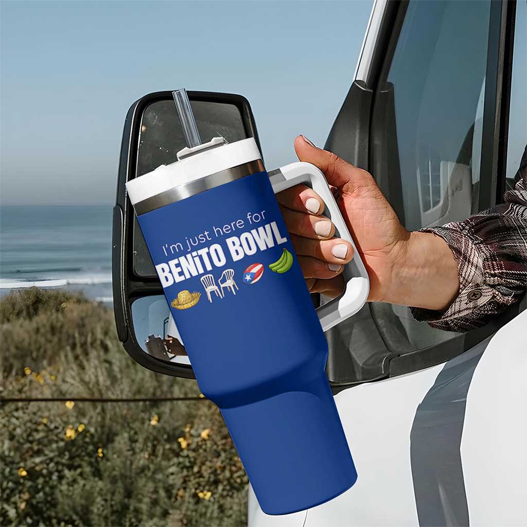 I'm Just Here for the Benito Bowl Funny Puerto Rican Game Day Tumbler With Handle Plantains Chairs and Flag Music Fans